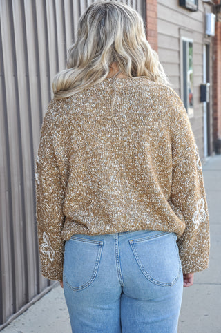 Camel Floral Embroidered Chunky Sweater