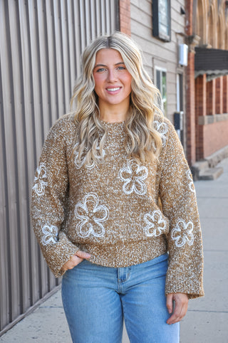 Camel Floral Embroidered Chunky Sweater