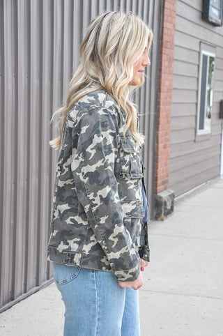 Allover camo print for a bold, statement-making look.