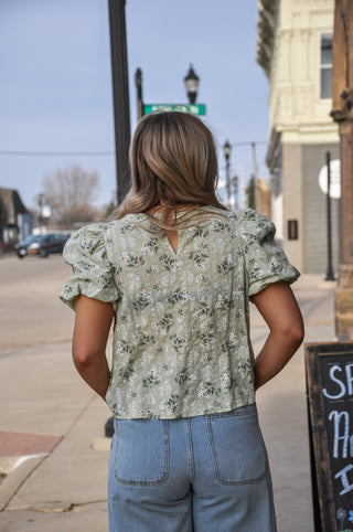 Candy Mint Floral Puff Sleeve Blouse
