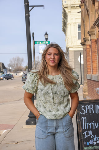 Candy Mint Floral Puff Sleeve Blouse
