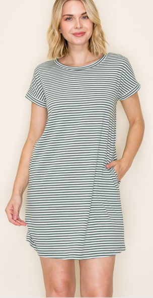 Pinstriped Shift Dress w/Pockets