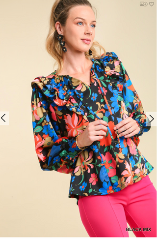 Satin Floral Ruffle Detail Top | JQ Clothing Co.