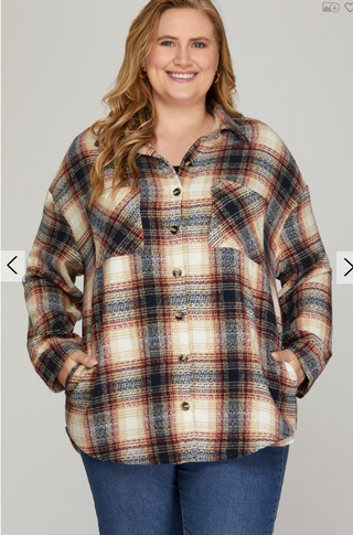 Curvy Erin Ecru/Navy Plaid Shacket | JQ Clothing Co.