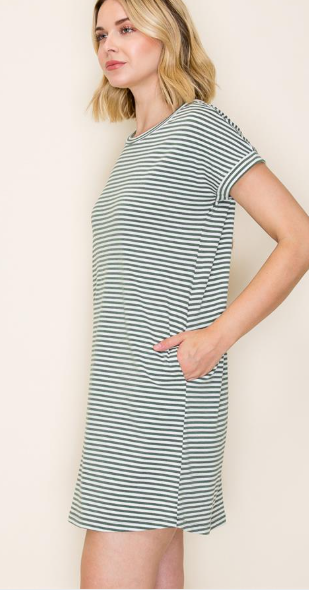 Pinstriped Shift Dress w/Pockets