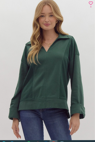 Hunter Green Rolled Cuff Collared Sweater | JQ Clothing Co.