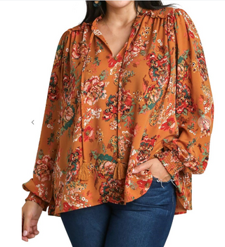 Camel Printed Ruffle Blouse | JQ Clothing Co.