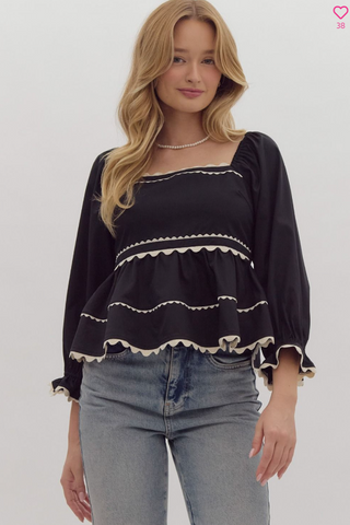 Black Babydoll Ric Rac Trimmed Top | JQ Clothing Co.