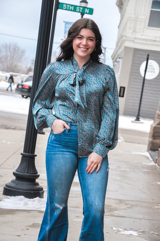 Caribbean Printed Satin Tie Front Blouse