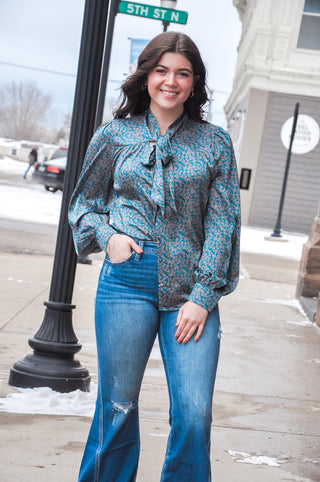 Caribbean Printed Satin Tie Front Blouse