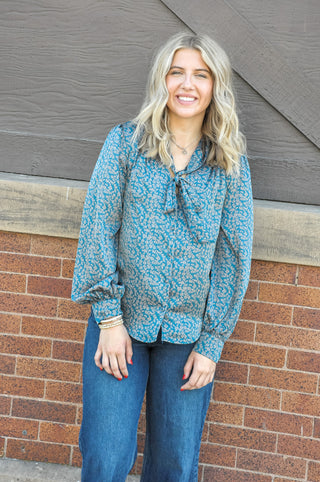 Caribbean Printed Satin Tie Front Blouse