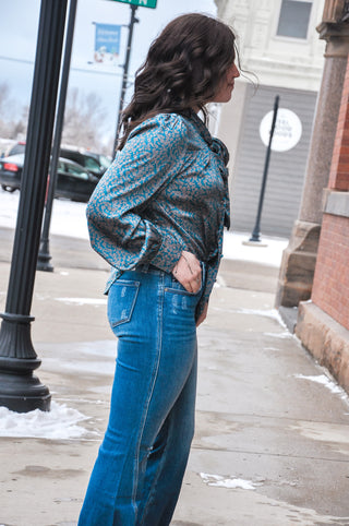 Caribbean Printed Satin Tie Front Blouse