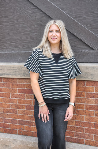 Casual Striped Ruffle Sleeve Top