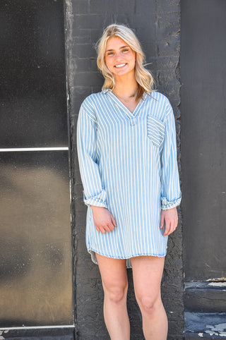 Chambray Striped Tab Sleeve Shirt Dress