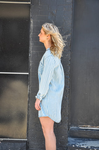 Chambray Striped Tab Sleeve Shirt Dress