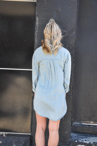 Chambray Striped Tab Sleeve Shirt Dress