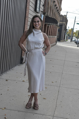 Champagne Satin Cowl Neck Midi Tie Dress