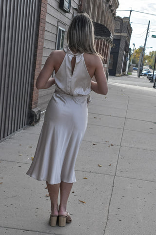 Champagne Satin Cowl Neck Midi Tie Dress