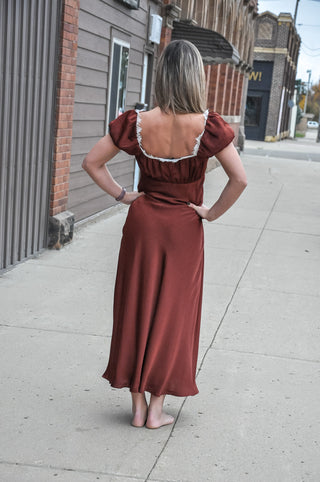 Champagne Satin Lace Trim Midi Dress, view 5 | JQ Clothing Co.