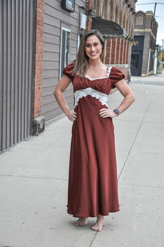 Champagne Satin Lace Trim Midi Dress