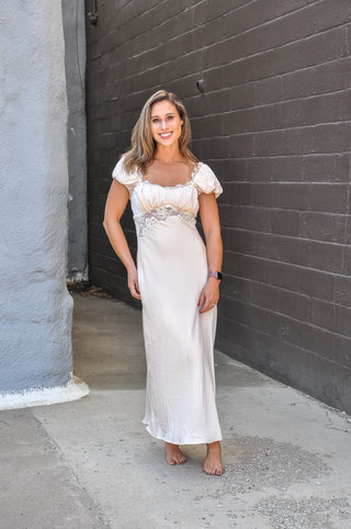 Champagne Satin Lace Trim Midi Dress