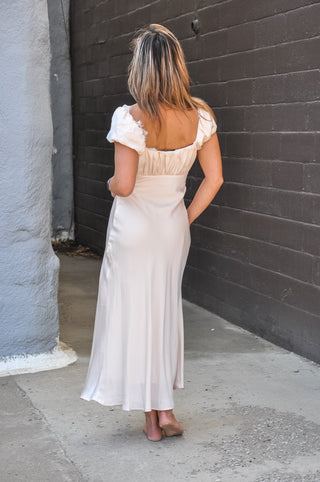Champagne Satin Lace Trim Midi Dress