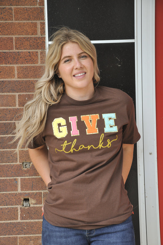 Chenille Lettering 'Give Thanks' Graphic Tee