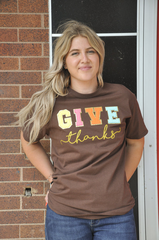 Chenille Lettering 'Give Thanks' Graphic Tee