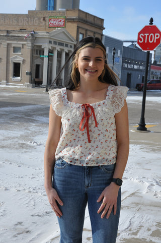 Cherry Print Contrast Tie Ruffle Top