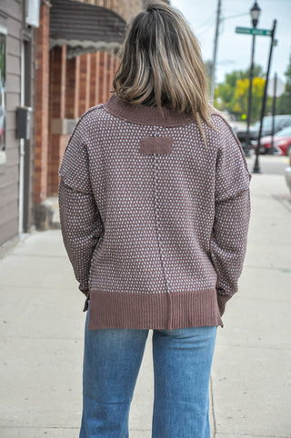 Chocolate Contrast Stitch V-Neck Sweater