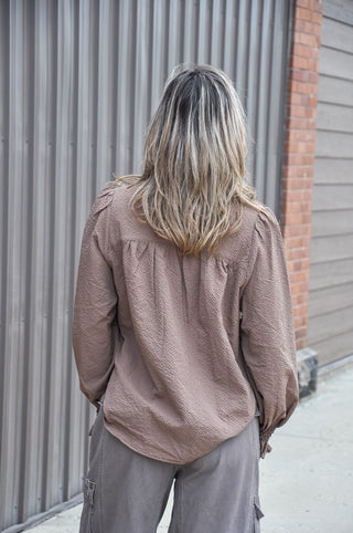 Chocolate Smocked Balloon Sleeve Chambray Blouse