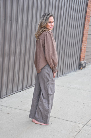 Chocolate Smocked Balloon Sleeve Chambray Blouse