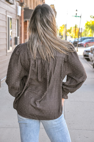 Chocolate Swiss Dot Lace Yoke Peasant Blouse
