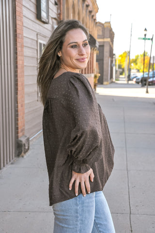 Chocolate Swiss Dot Lace Yoke Peasant Blouse