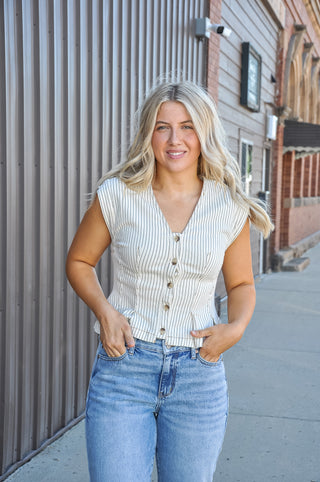Classy Oatmeal Striped Button Down Vest
