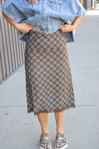 Coco Plaid Lace Trim Midi Skirt