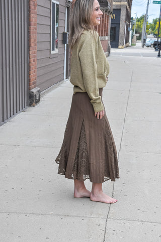 Lace Panel Textured Midi Skirt