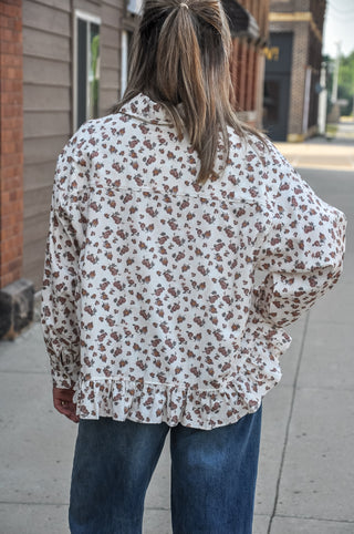Collared Floral Peplum Hem Babydoll Shirt, view 3