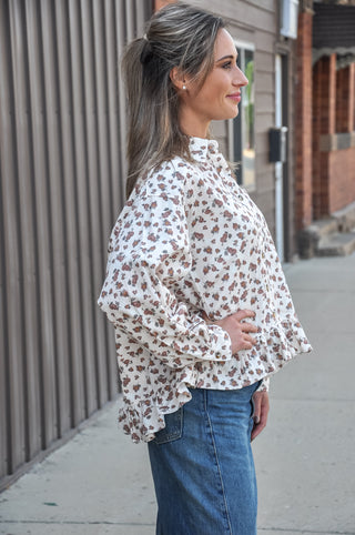 Collared Floral Peplum Hem Babydoll Shirt, view 2