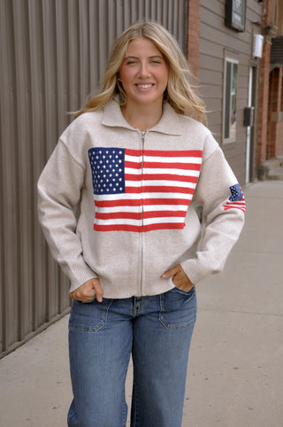 Collared LS Usa Flag Zip Up Sweater