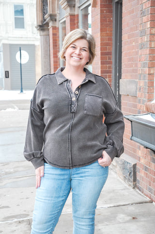 Collared Washed Black Henley Top