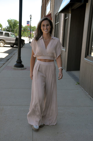 Collared Wrap Top & Wide-leg Pants Set