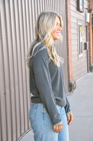 Color Trimmed Micro Brushed Striped Hoodie Top, view 2 | JQ Clothing Co.