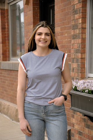 Colored Ruffle Hem Pinstriped Top