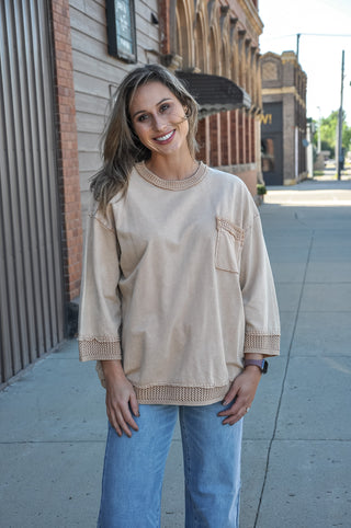 Contrast Detail Relaxed 3/4 Sleeve Top
