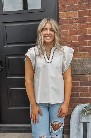 Contrast Stitched Ecru V-Neck Top