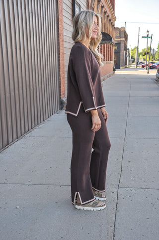 Contrast Trim 3/4 Sleeve Knit Pants Set
