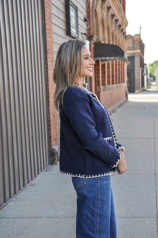 Contrast Whipstitch Knit Cardigan