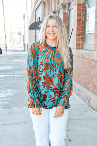 Copper Flocked Teal LS Blouse