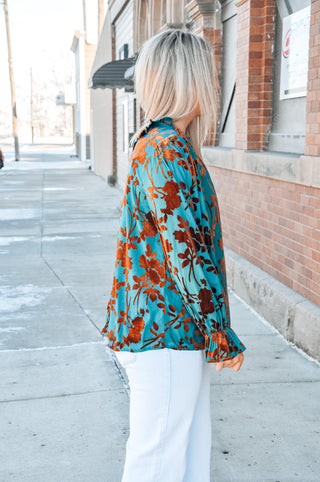 Copper Flocked Teal LS Blouse